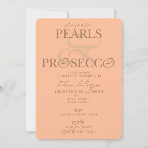 Ampersand Peach Fuzz Pearls Prosecco Bridal Shower Invitation