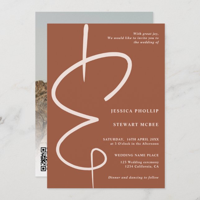 Ampersand photo terracotta script Qr code wedding Invitation (Front/Back)