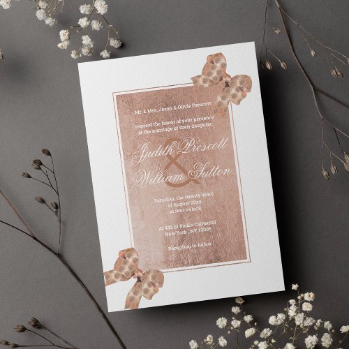Ampersand rose gold glam floral bow wedding invitation