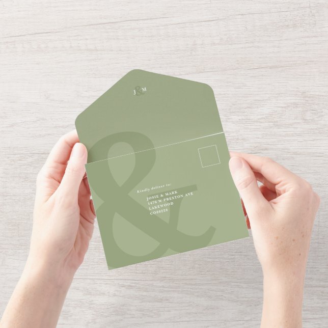 Ampersand sage green all in one wedding invitation (Opening)