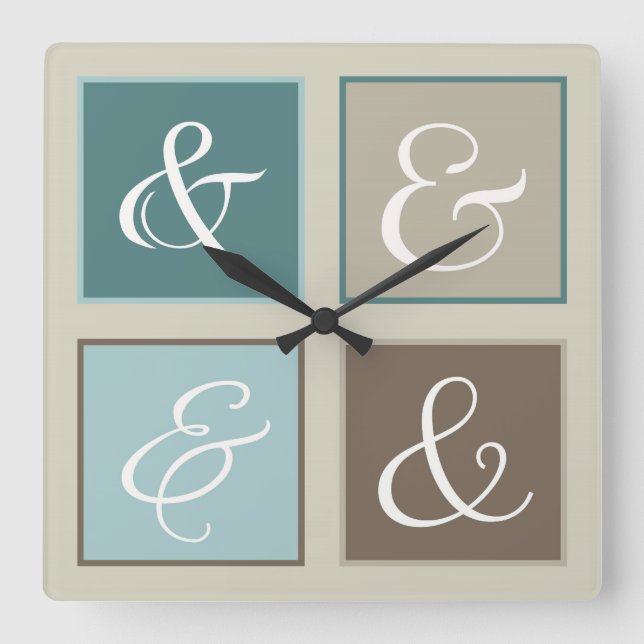 Ampersand Squares, Teal, Blue, Brown, Gray Square Wall Clock (Front)