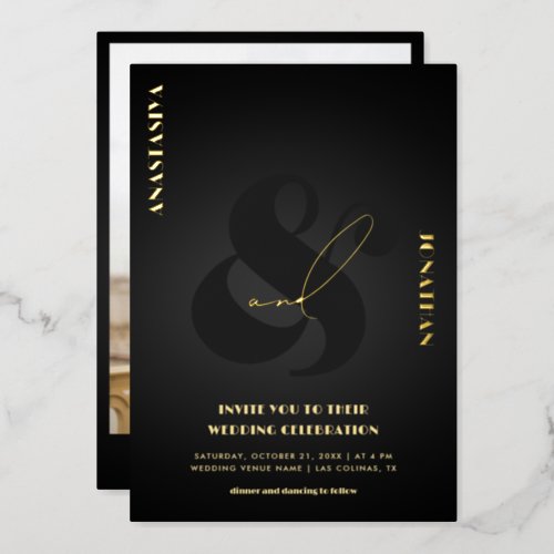 Ampersand Stylish Script Black Dark Wedding Real  Foil Invitation