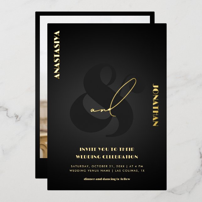 Ampersand Stylish Script Black Dark Wedding Real  Foil Invitation (Front/Back)