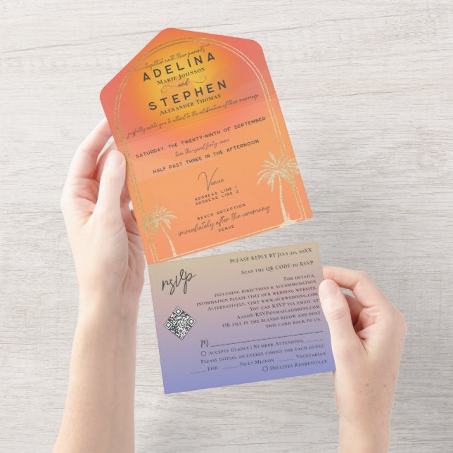 Ampersand Tropical Beach Sunset Palms RSVP QR Code All In One Invitation (Tearaway)