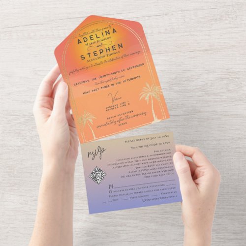 Ampersand Tropical Beach Sunset Palms RSVP QR Code All In One Invitation