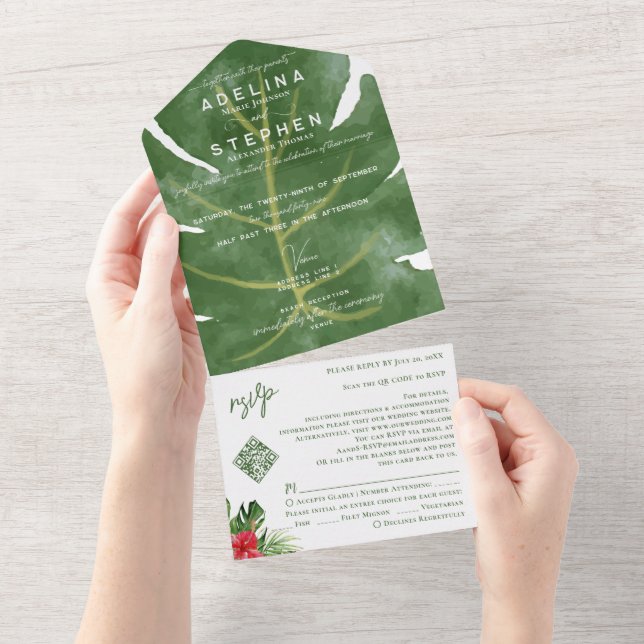 Ampersand Tropical Monstera Hibiscus RSVP QR Code  All In One Invitation (Tearaway)