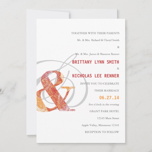 Ampersand Wedding Invitation in Red and Orange (Front)