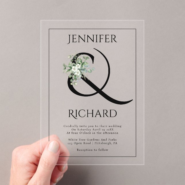 Ampersand, white flowers and eucalyptus wedding acrylic invitations (Insitu (Handheld))
