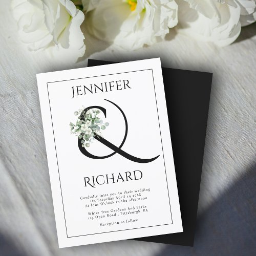 Ampersand white flowers and eucalyptus wedding invitation