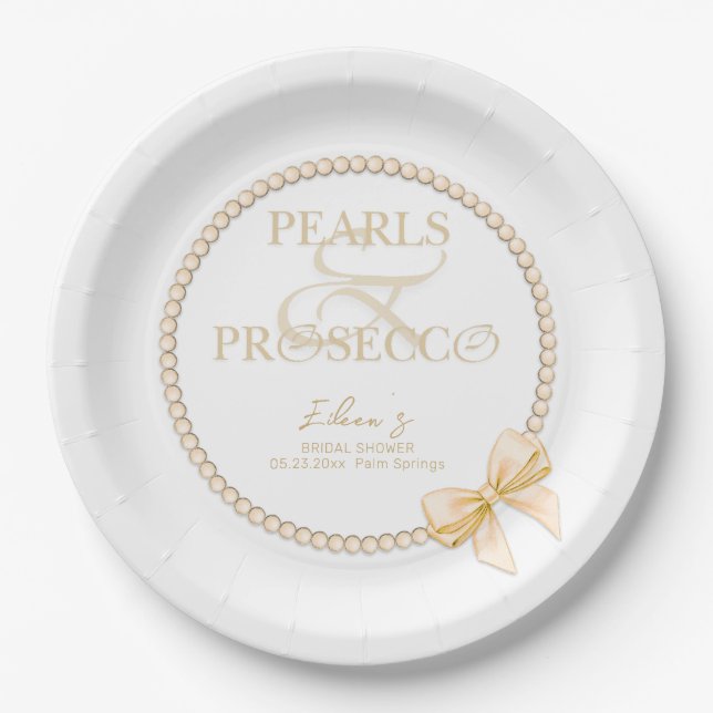 Ampersand White Pearls Prosecco Bow Bridal Shower Paper Plates (Front)