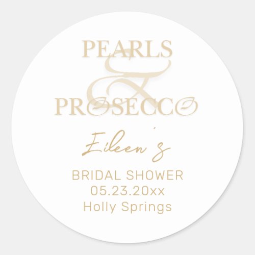Ampersand White Pearls  Prosecco Bridal Shower Classic Round Sticker