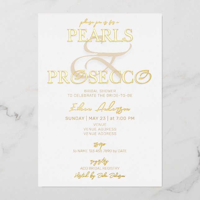 Ampersand White Pearls & Prosecco Bridal Shower Foil Invitation (Front)