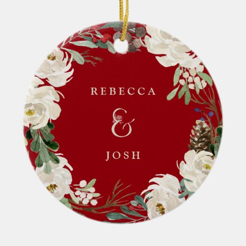 Ampersand Wreath Red  Couples Photo Christmas Ceramic Ornament