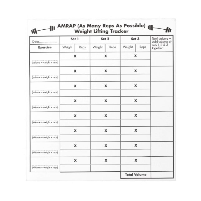 AMRAP weight lifting volume tracker.  Notepad (Front)