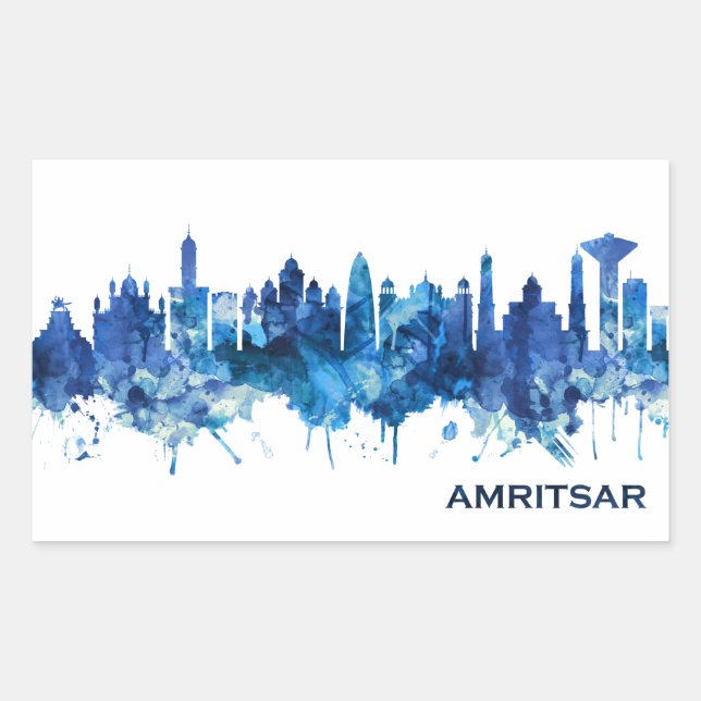 Amritsar Punjab Skyline Blue Rectangular Sticker (Front)