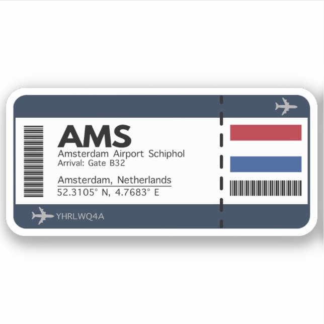 AMS Amsterdam Boarding Pass - Airport Ticket Sticker (Front)