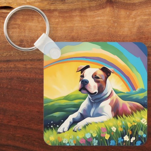 Amstaff American Staffordshire Terrier Rainbow Dog Keychain