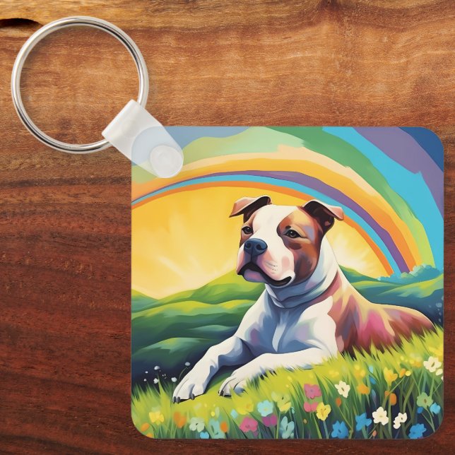 Amstaff American Staffordshire Terrier Rainbow Dog Keychain (Front)