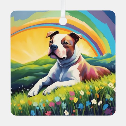 Amstaff American Staffordshire Terrier Rainbow Metal Ornament