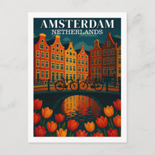 Amsterdam at Night Flowers & Bicycles Postcard