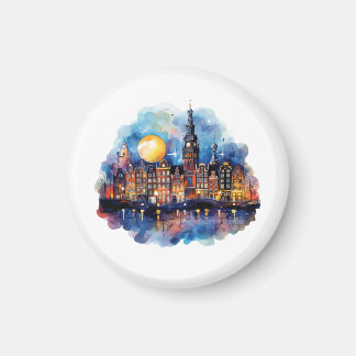 Amsterdam at night watercolor painting magnet