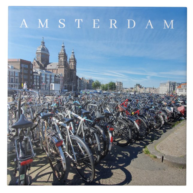 Amsterdam bicycles parking view ceramic tile (Front)