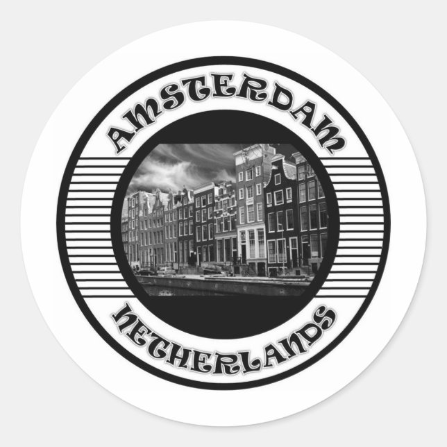 AMSTERDAM BLACK AND WHITE CLASSIC ROUND STICKER (Front)