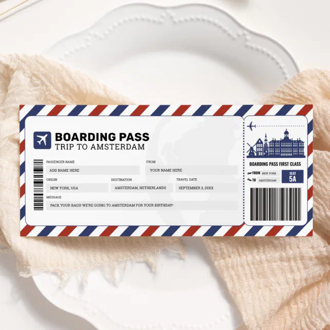 Amsterdam Boarding Pass Travel Trip Plane Ticket Invitation | Zazzle