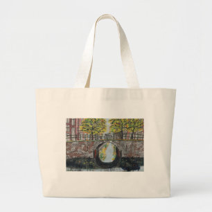 Amsterdam Bridge and Canal Scene in Autumn Large Tote Bag