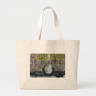 Amsterdam Bridge and Canal Scene in Autumn   Large Tote Bag