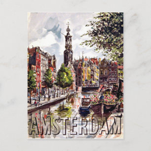 Amsterdam, buildings and city port. Vintage travel Postcard