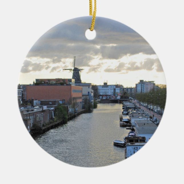 Amsterdam Canal and Windmill with setting Sun Ceramic Ornament (Front)
