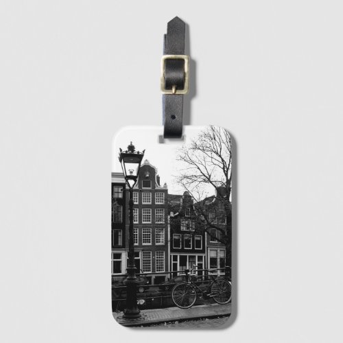 Amsterdam Canal Bicycle Black and White Photo Luggage Tag