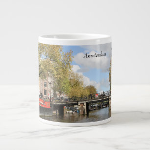 Amsterdam, Canal, Bridge, Houseboat, Church Spire Large Coffee Mug