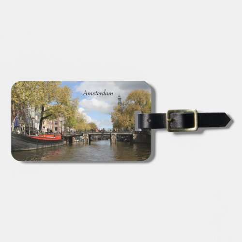 Amsterdam Canal Bridge Houseboat Church Spire Luggage Tag