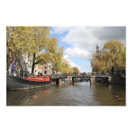 Amsterdam, Canal, Bridge, Houseboat, Church Spire Photo Print