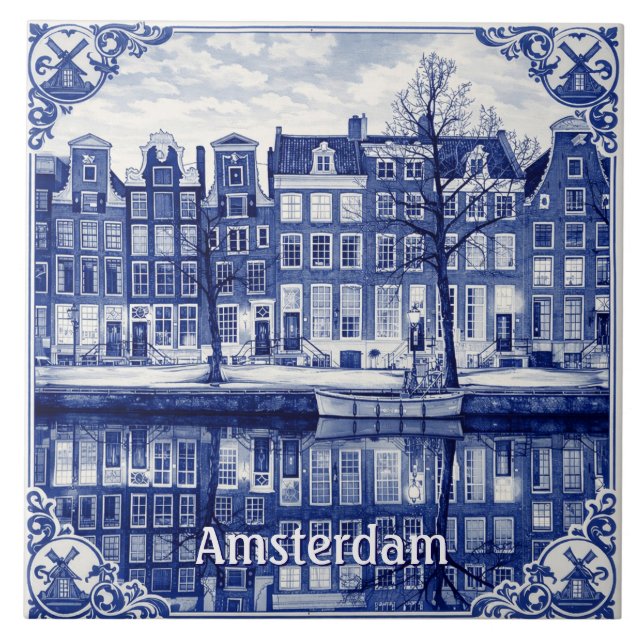 Amsterdam canal Delft Blue style Ceramic Tile (Front)