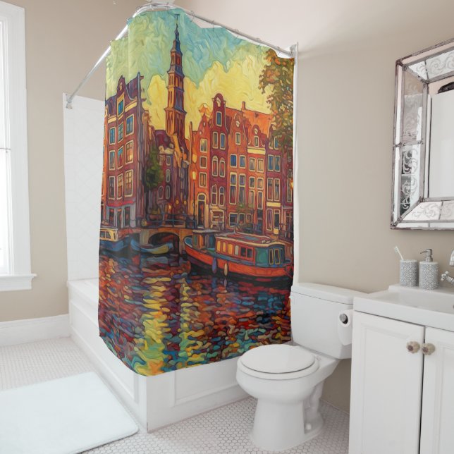 Amsterdam Canal Golden Hour | Dutch Impressionist Shower Curtain (In Situ)