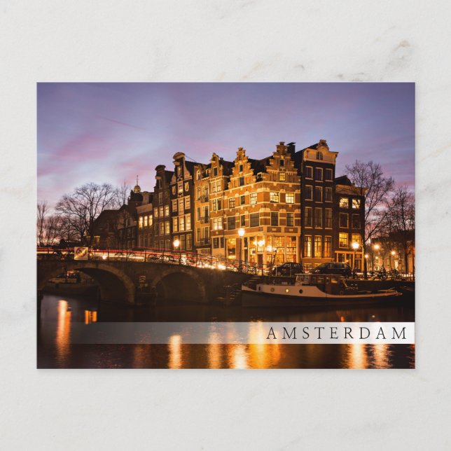 Amsterdam canal houses at dusk bar postcard (Front)
