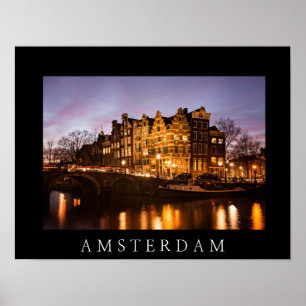 Amsterdam canal houses at dusk black poster