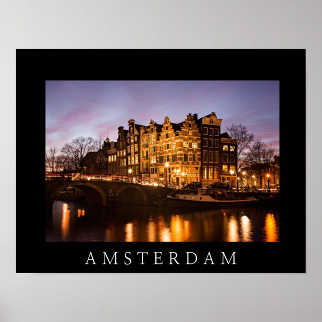 Amsterdam canal houses at dusk black poster (Front)