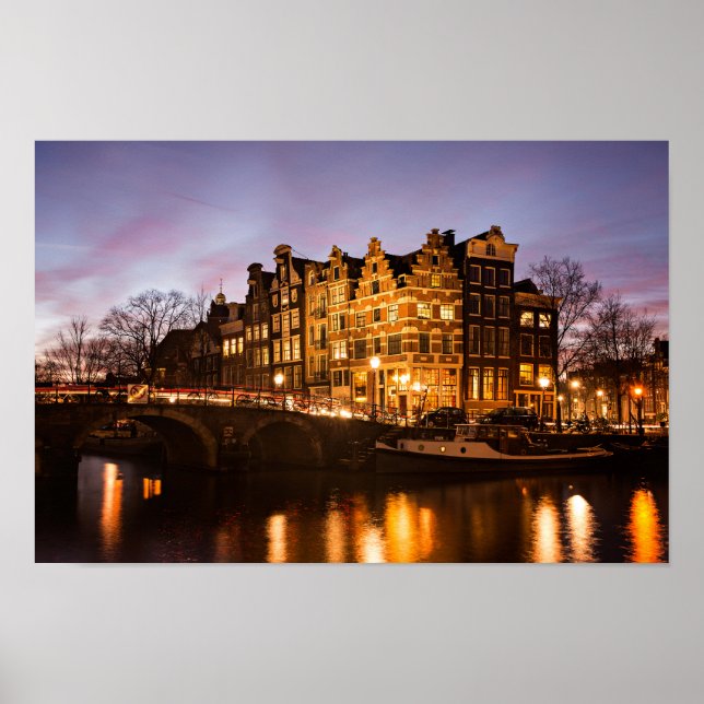 Amsterdam canal houses at dusk poster (Front)