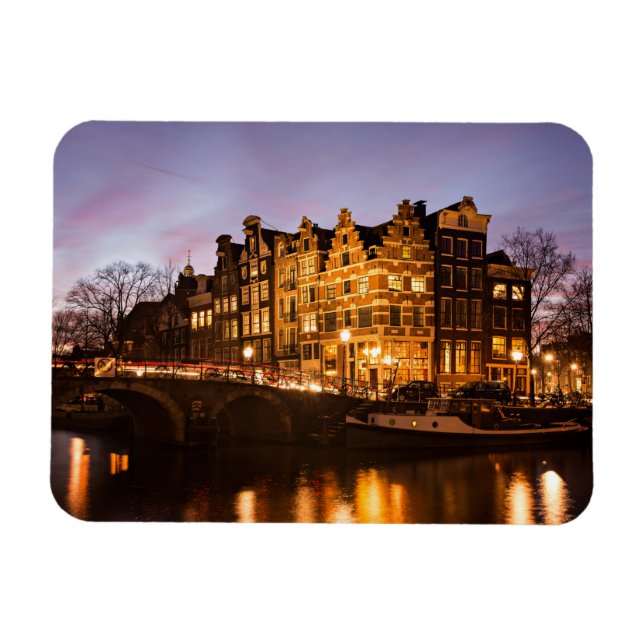 Amsterdam canal houses at dusk rectangular magnet (Horizontal)