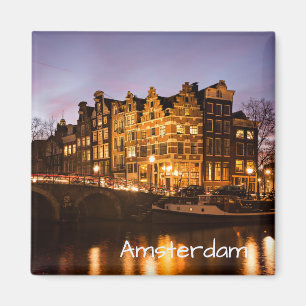 Amsterdam canal houses at dusk text magnet