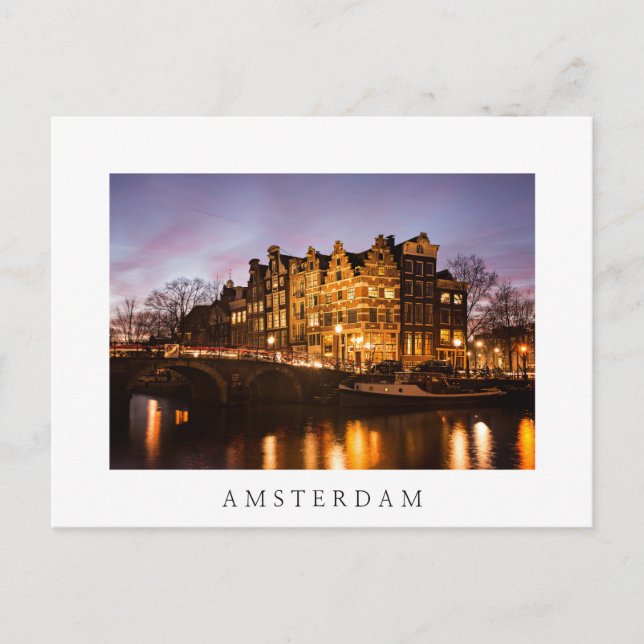 Amsterdam canal houses at dusk white postcard (Front)