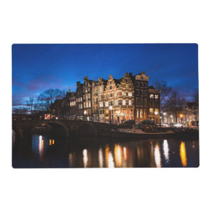 Amsterdam canal houses at night placemat