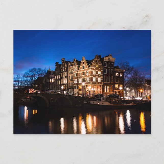 Amsterdam canal houses at night postcard (Front)