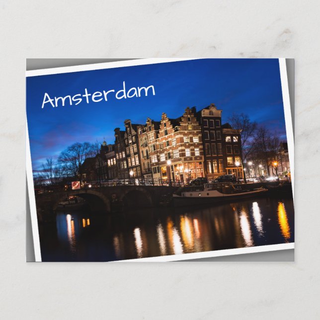 Amsterdam canal houses at night postcard (Front)