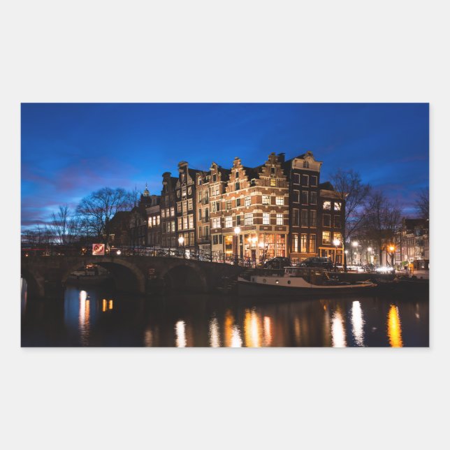 Amsterdam canal houses at night rectangular sticker (Front)