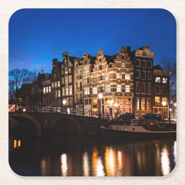 Amsterdam canal houses at night square paper coaster (Front)